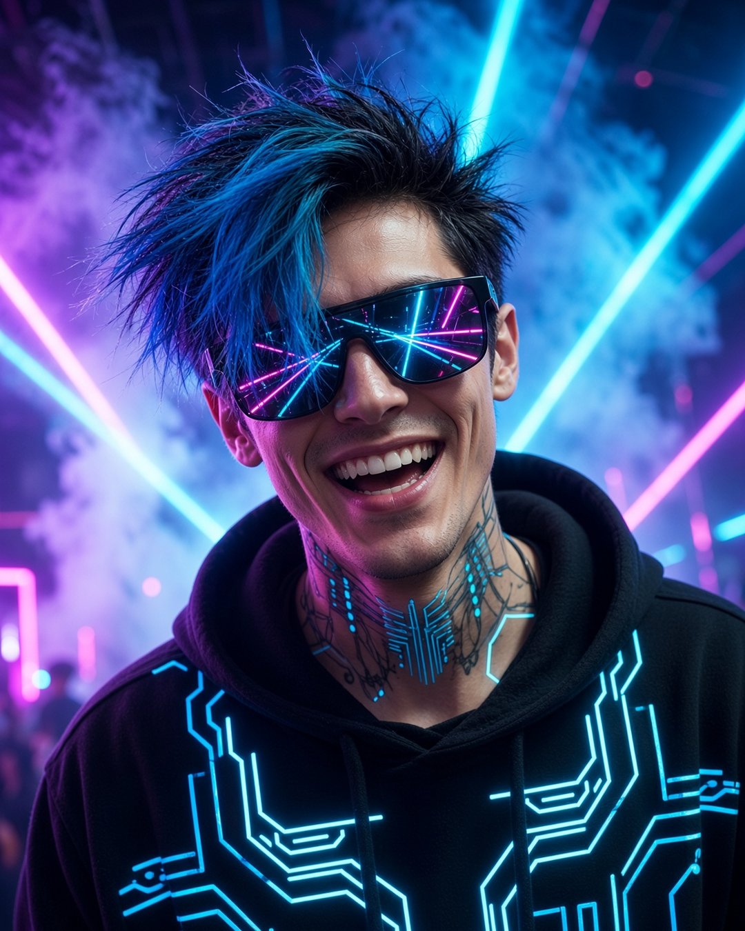 Axel Flux laughing on a festival stage in cyan and violet laser light