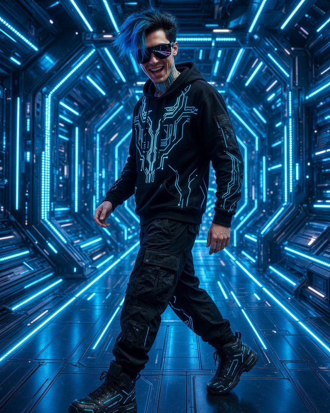 Axel Flux walking through a glowing blue neon tunnel