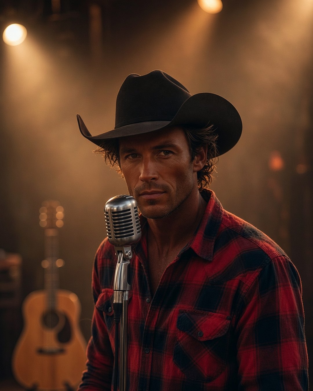 Boone Carver at a microphone on a honky-tonk stage with a guitar behind him