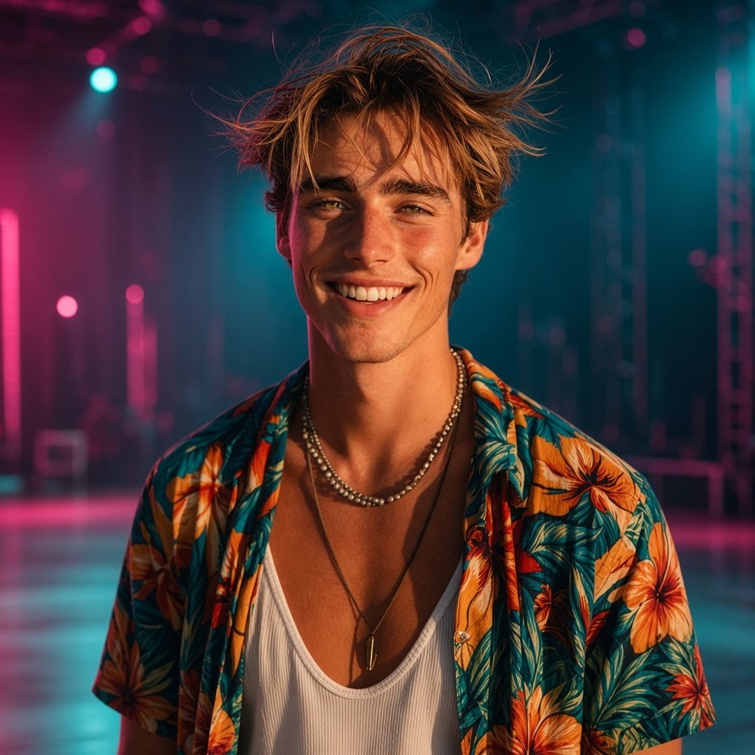 Elixton Gray on a studio stage in pink and cyan light