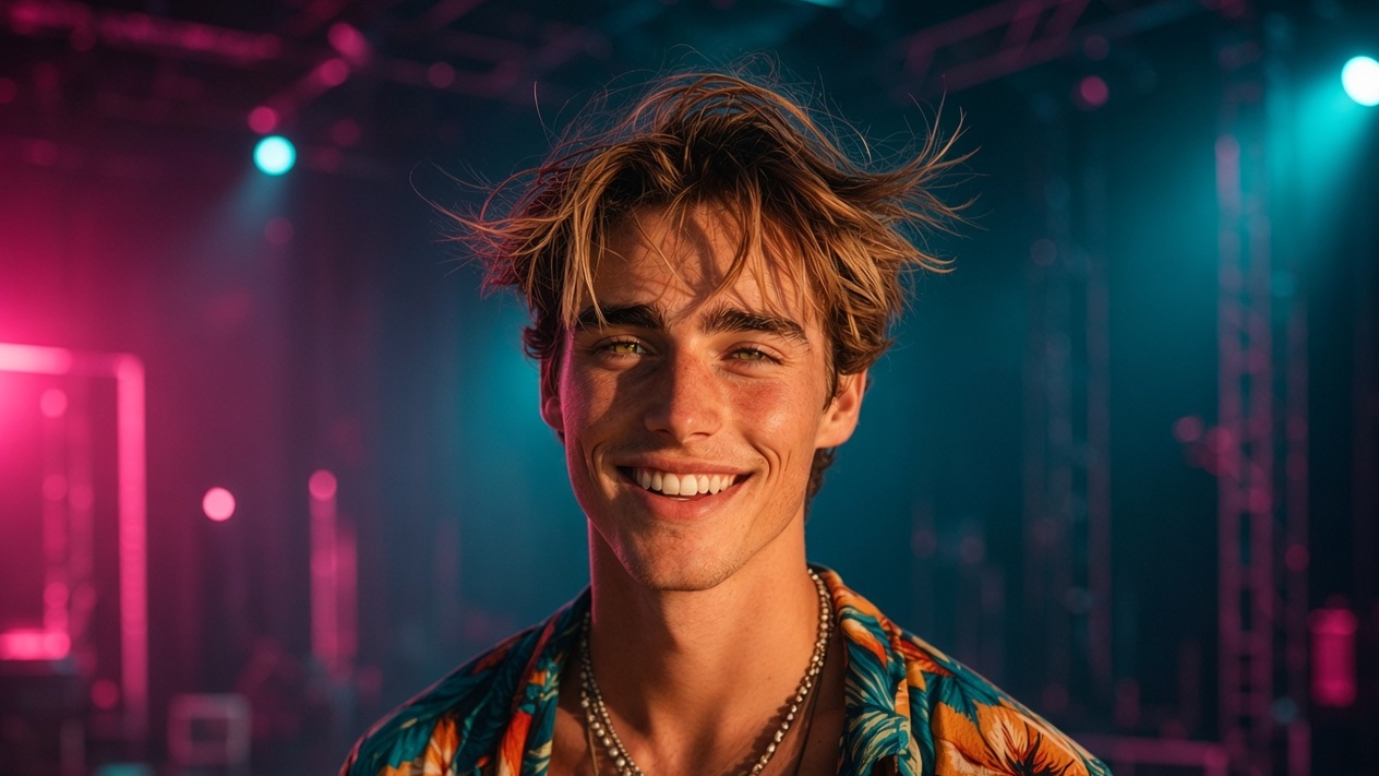 Elixton Gray on a TV-studio stage in pink and teal light