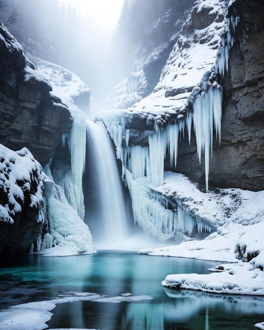 A frozen waterfall hung with icicles above a still blue pool
