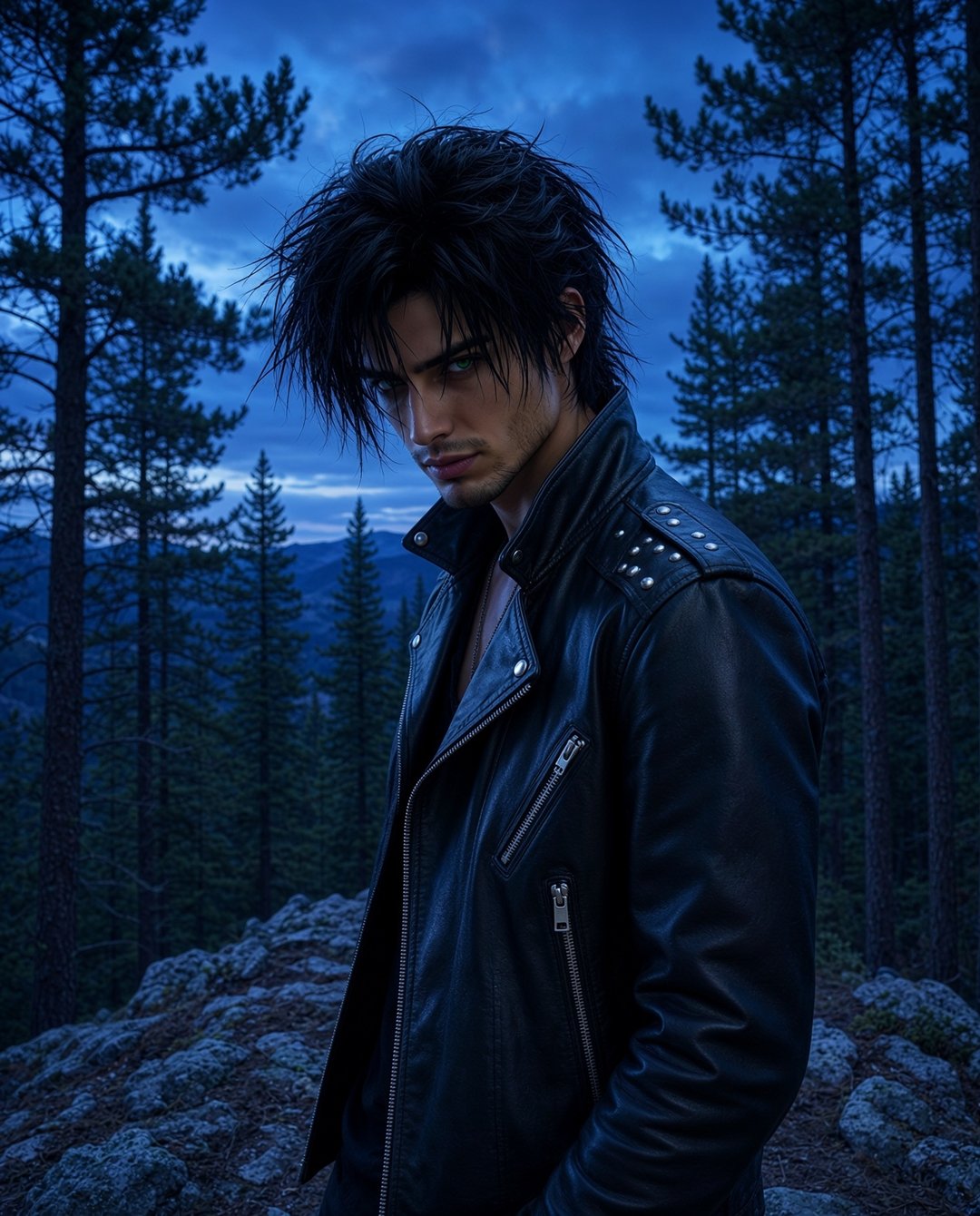 Rafe Dalton on a pine-forest ridge at blue dusk