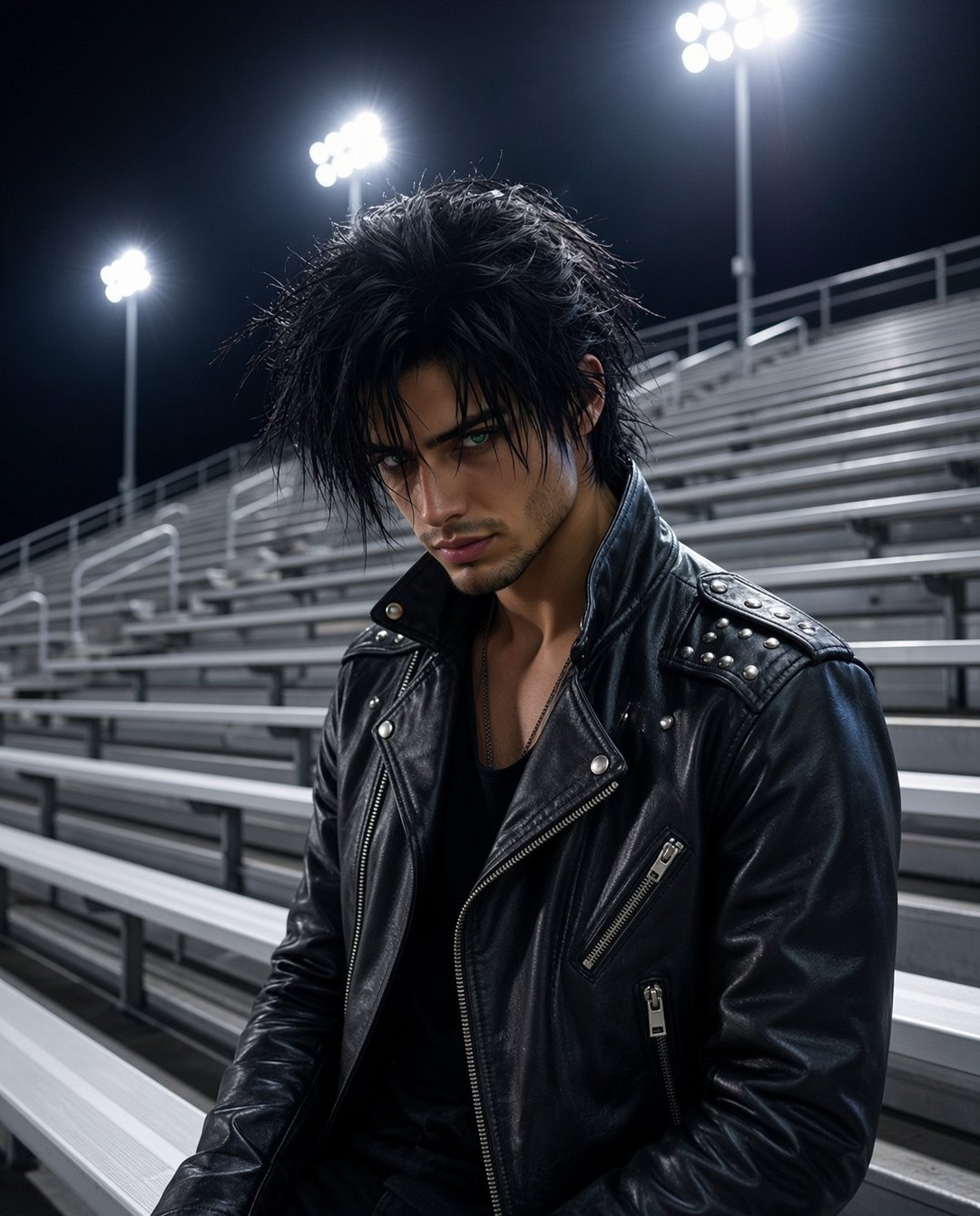 Rafe Dalton in football bleachers at night