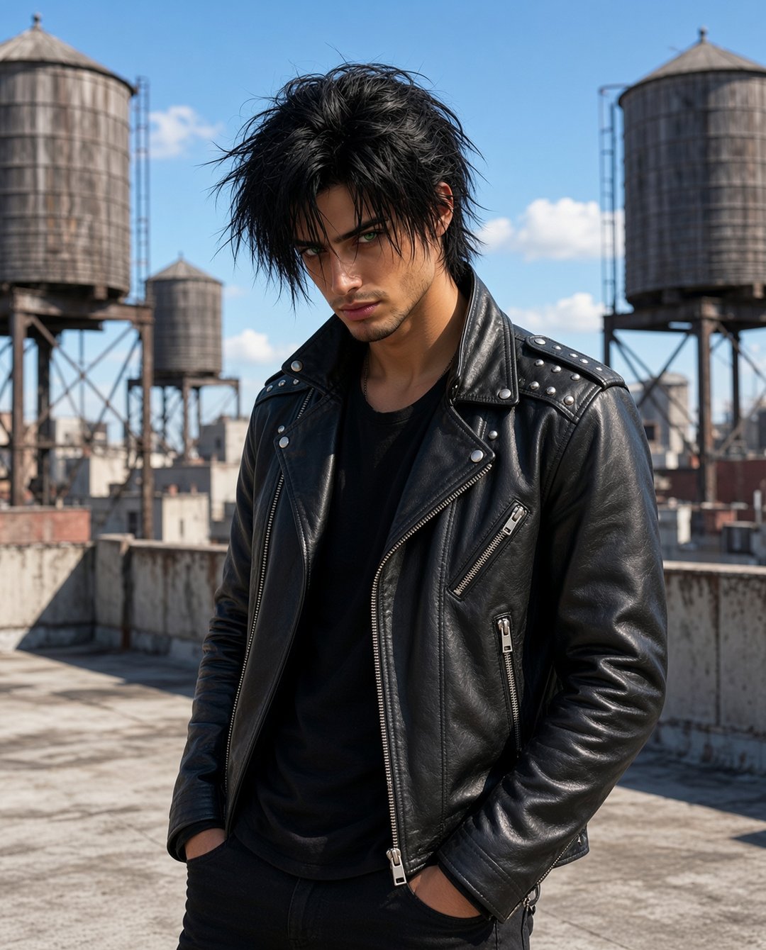 Rafe Dalton on a rooftop by day near water towers
