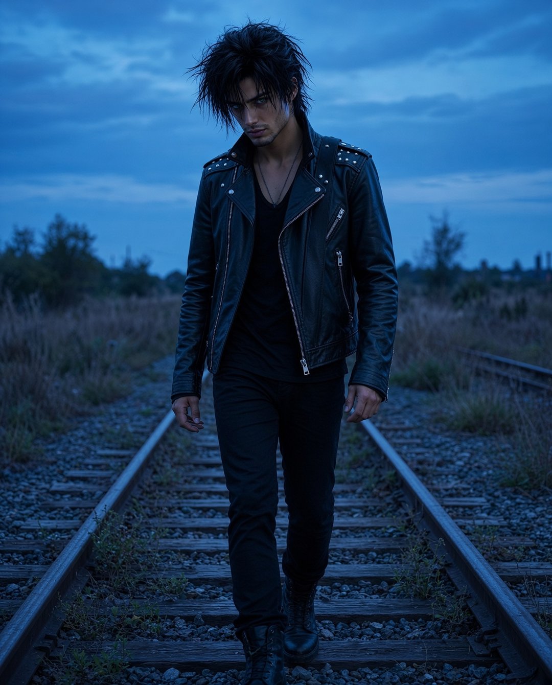 Rafe Dalton walking the rail tracks at blue hour