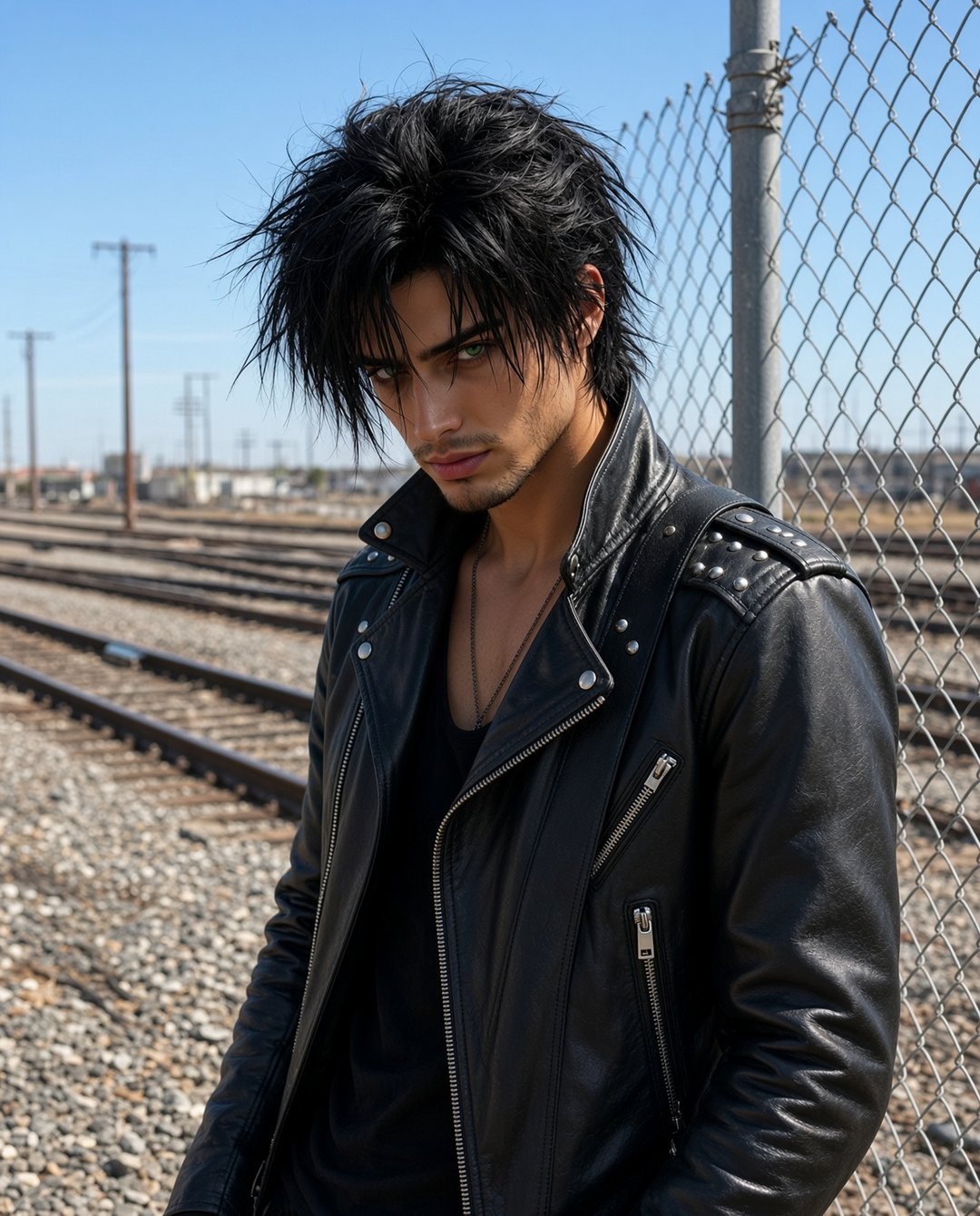 Rafe Dalton by a train-yard fence in daylight