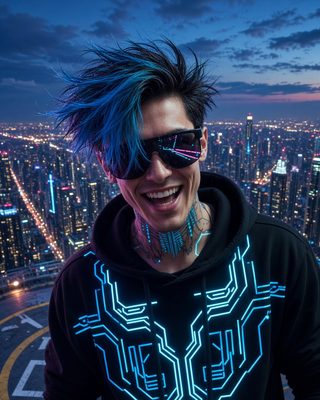 Axel Flux on a rooftop overlooking a city skyline at night