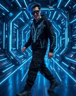 Axel Flux walking through a glowing blue neon tunnel