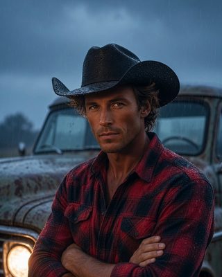 Boone Carver with arms crossed beside an old pickup truck under a stormy sky