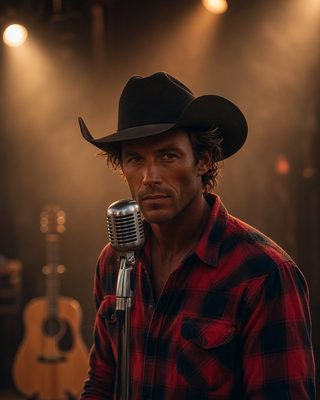 Boone Carver at a microphone on a honky-tonk stage with a guitar behind him