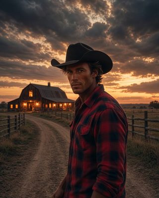 Boone Carver on a dirt ranch road at dusk with a lit farmhouse behind him