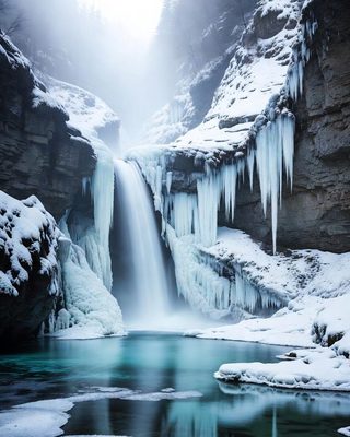 A frozen waterfall hung with icicles above a still blue pool