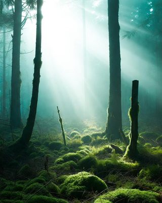 Sunbeams falling through a misty forest onto moss