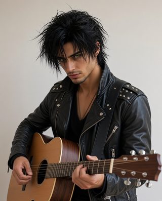 Rafe Dalton at home in the morning with an acoustic guitar