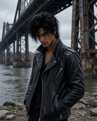 Rafe Dalton on a riverbank under a rail bridge