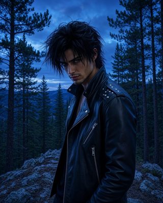 Rafe Dalton on a pine-forest ridge at blue dusk